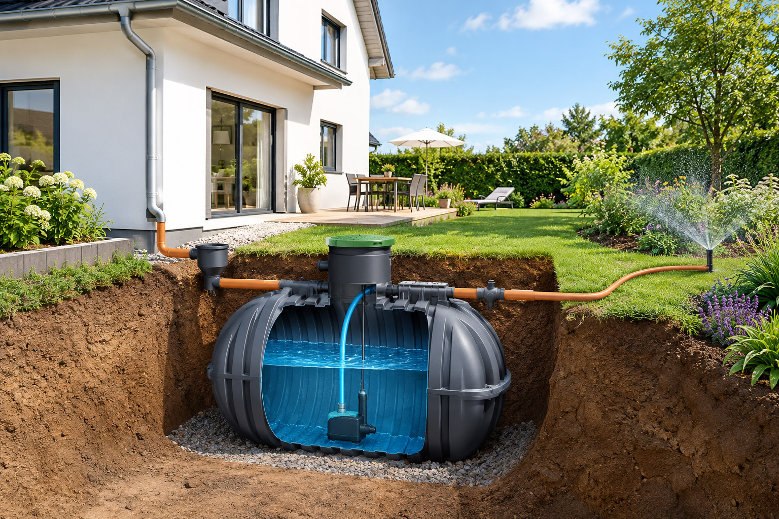Schnittdarstellung einer unterirdischen Kunststoffzisterne im Garten eines Wohnhauses mit Regenwasserzulauf und Gartenbewässerung